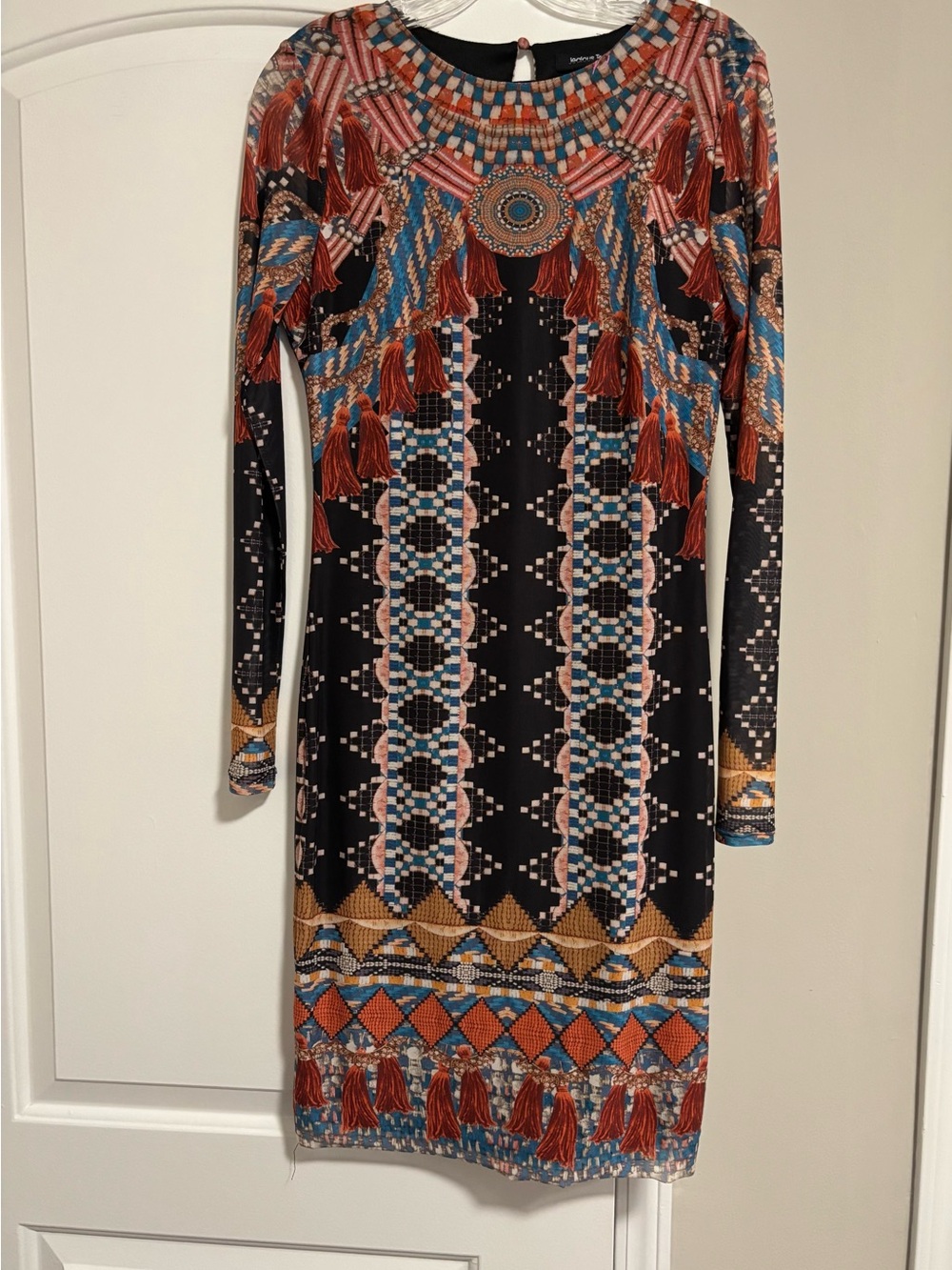 JEALOUS TOMATO, Long Sleeve Sheath Dress in Multicolor Aztec Print, Size L